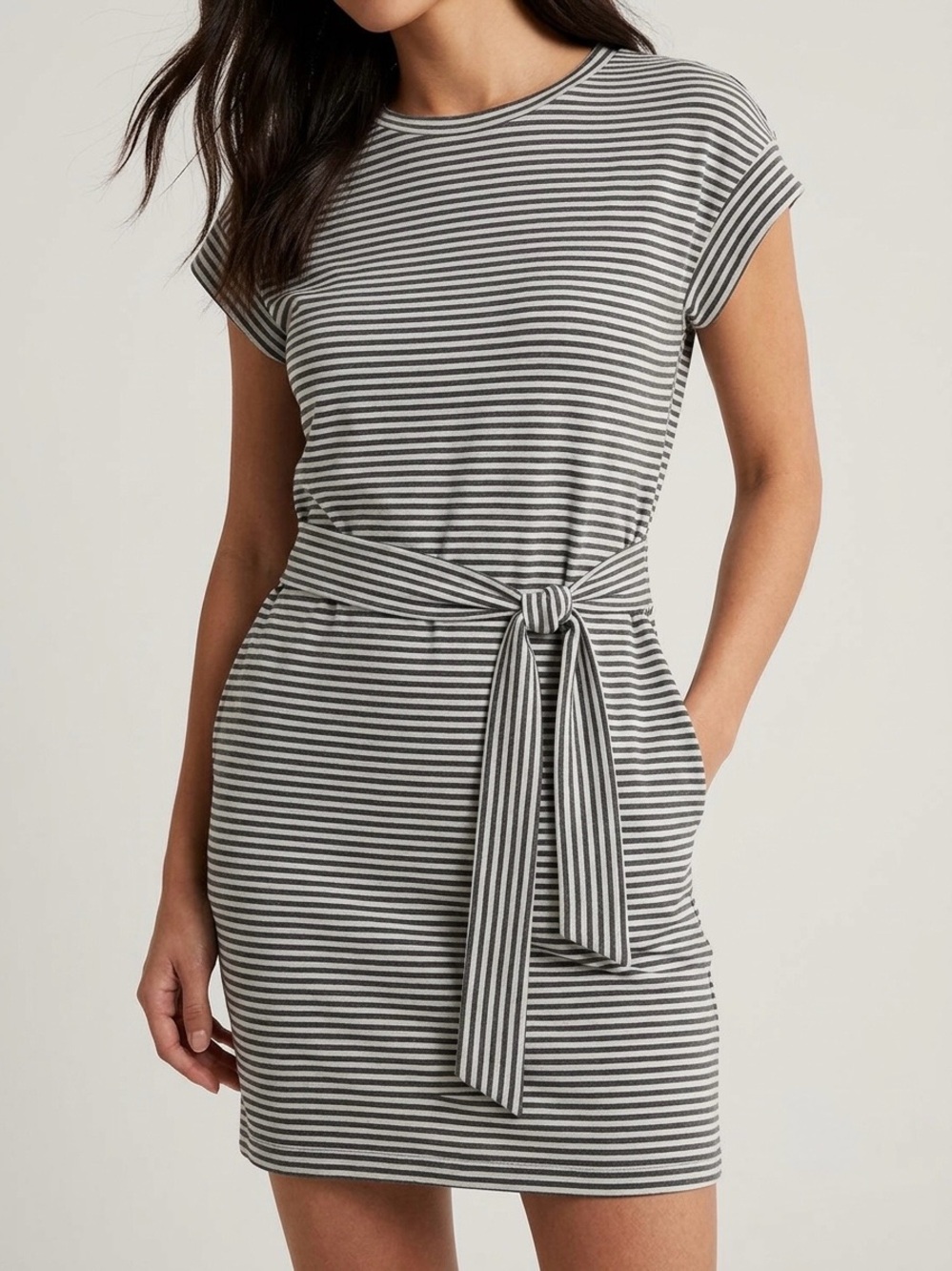 Merokeety Striped Tie-Waist Dress in Gray & White